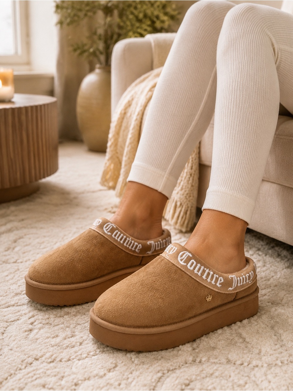Juicy Couture JC-ONEY Tan Suede Platform Clog Slippers Faux Fur Lined Sz 6 - Picture 2 of 14
